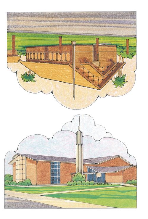 Two Primary cutouts of a large meetinghouse with a steeple and a small wooden meetinghouse.