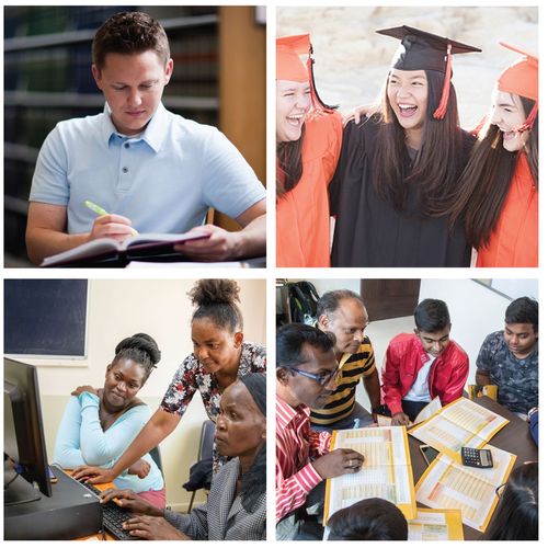 a collage of people studying and learning new skills