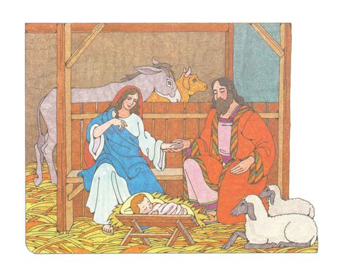 A colored drawing depicting Mary and Joseph in a stable, watching over the baby Jesus among the animals.