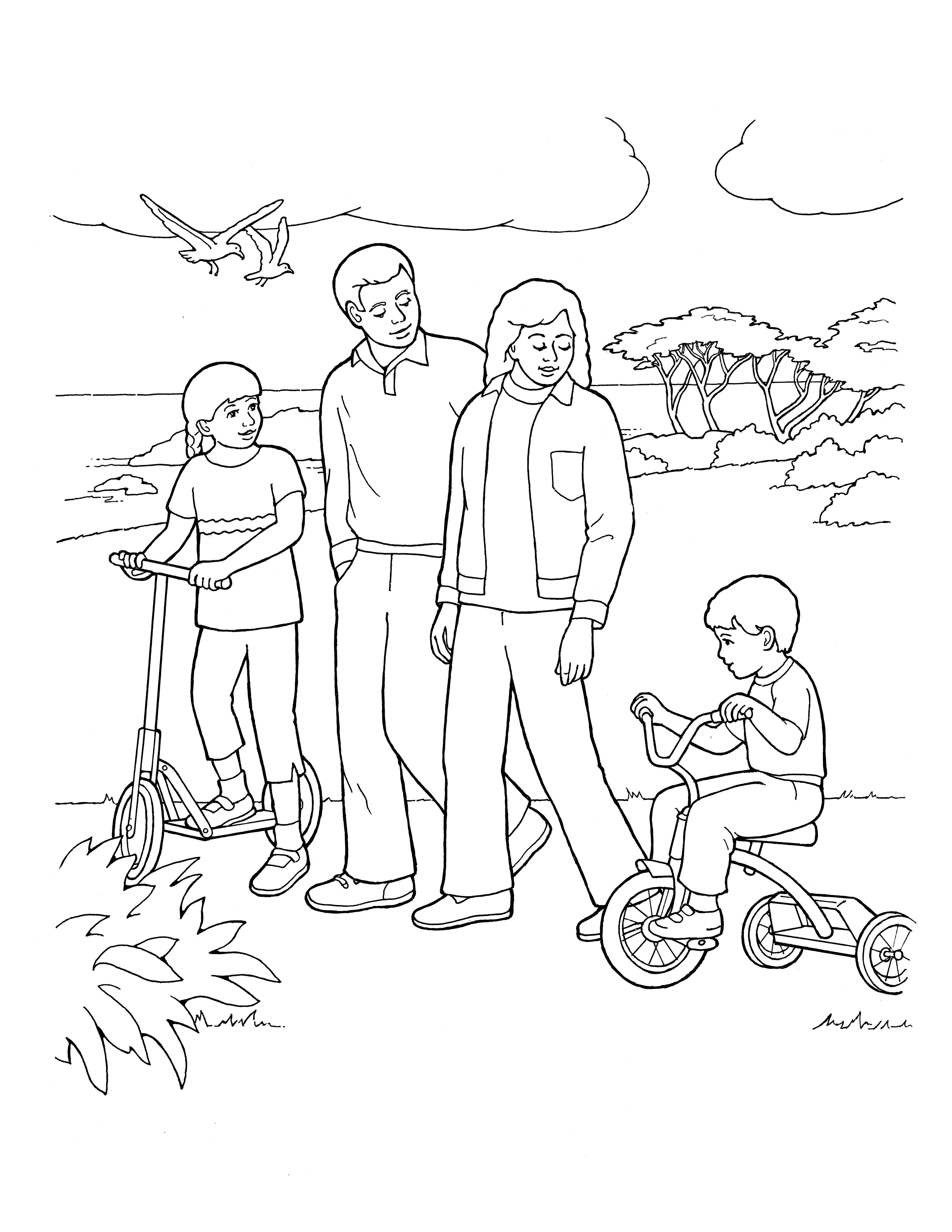 An illustration of a family of four walking and riding bikes and scooters.