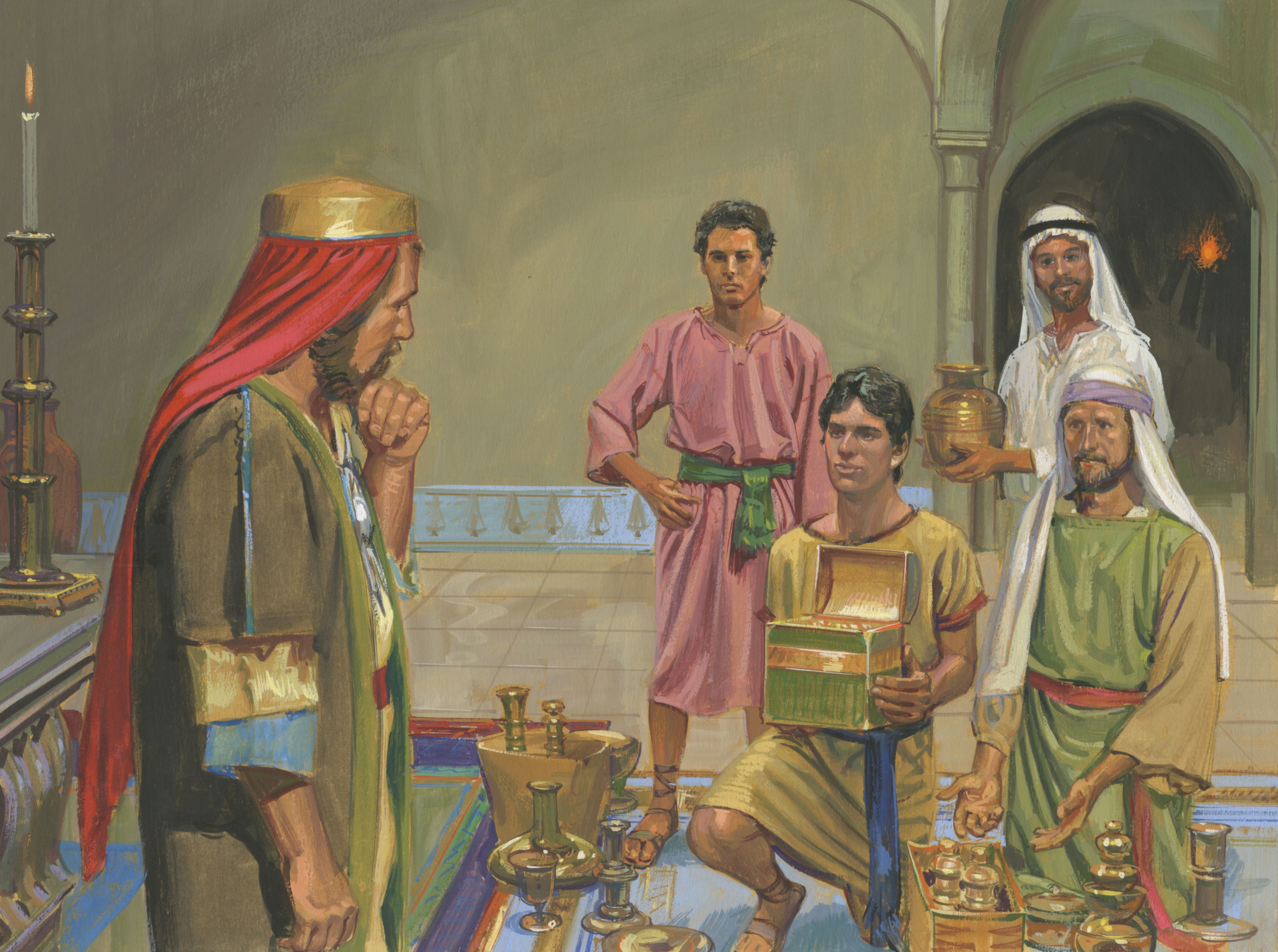 A painting by Jerry Thompson depicting Lehi’s sons offering riches to Laban; Primary manual 4-6