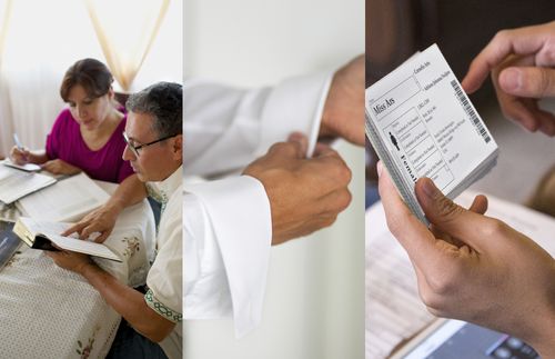 composite image: couple looking at scriptures; man buttoning sleeve of white shirt; hands holding family name cards