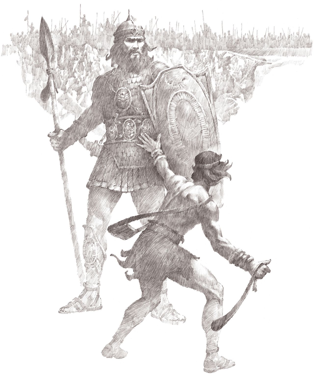 Pencil drawing of David preparing to sling a stone at Goliath.