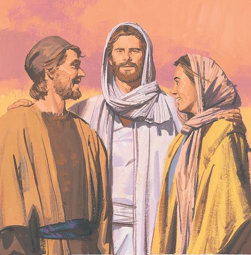 Jesus standing with man and woman