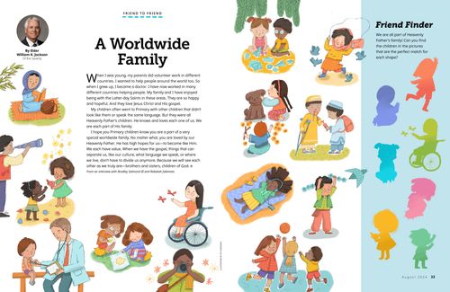 Spread with illustrations of a diverse variety of children doing different thing