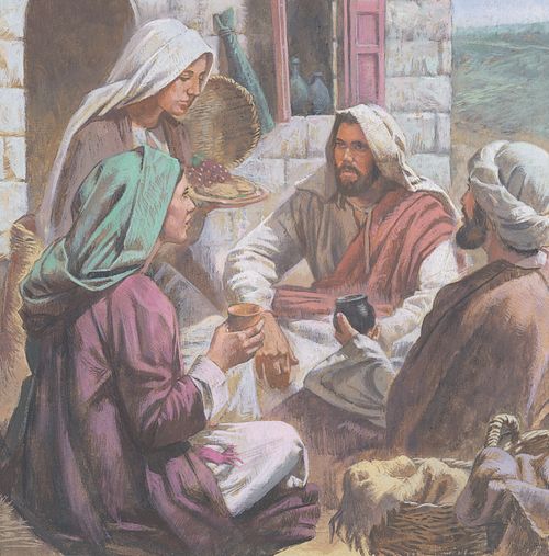 Yesus sedang makan bersama Maria, Marta, dan Lazarus