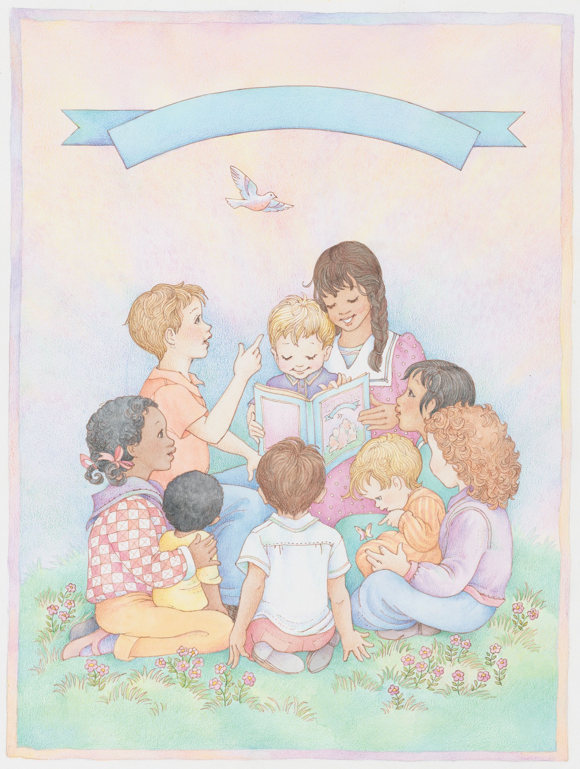 A group of children looking through the Children’s Songbook with their Primary teacher. Found on the cover of the Children’s Songbook; watercolor illustration by Phyllis Luch.