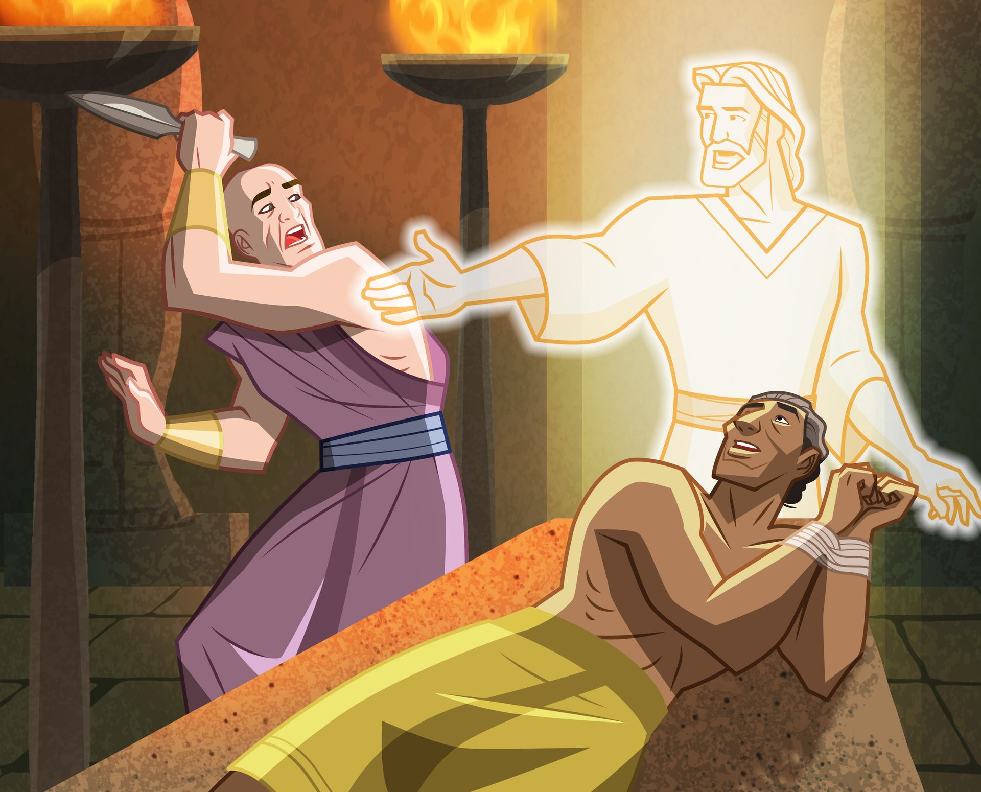 Ilustración de un ángel que salva a Abraham del sacerdote que está a punto de sacrificarlo. 
Abraham 1:1–20