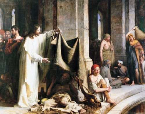 Jesus Christ (at the pools of Bethesda) lifting a blanket under which a crippled man lies. Christ is looking compassionately at the man and extending His hand toward him. Other people are gathered around the pools and around Christ.