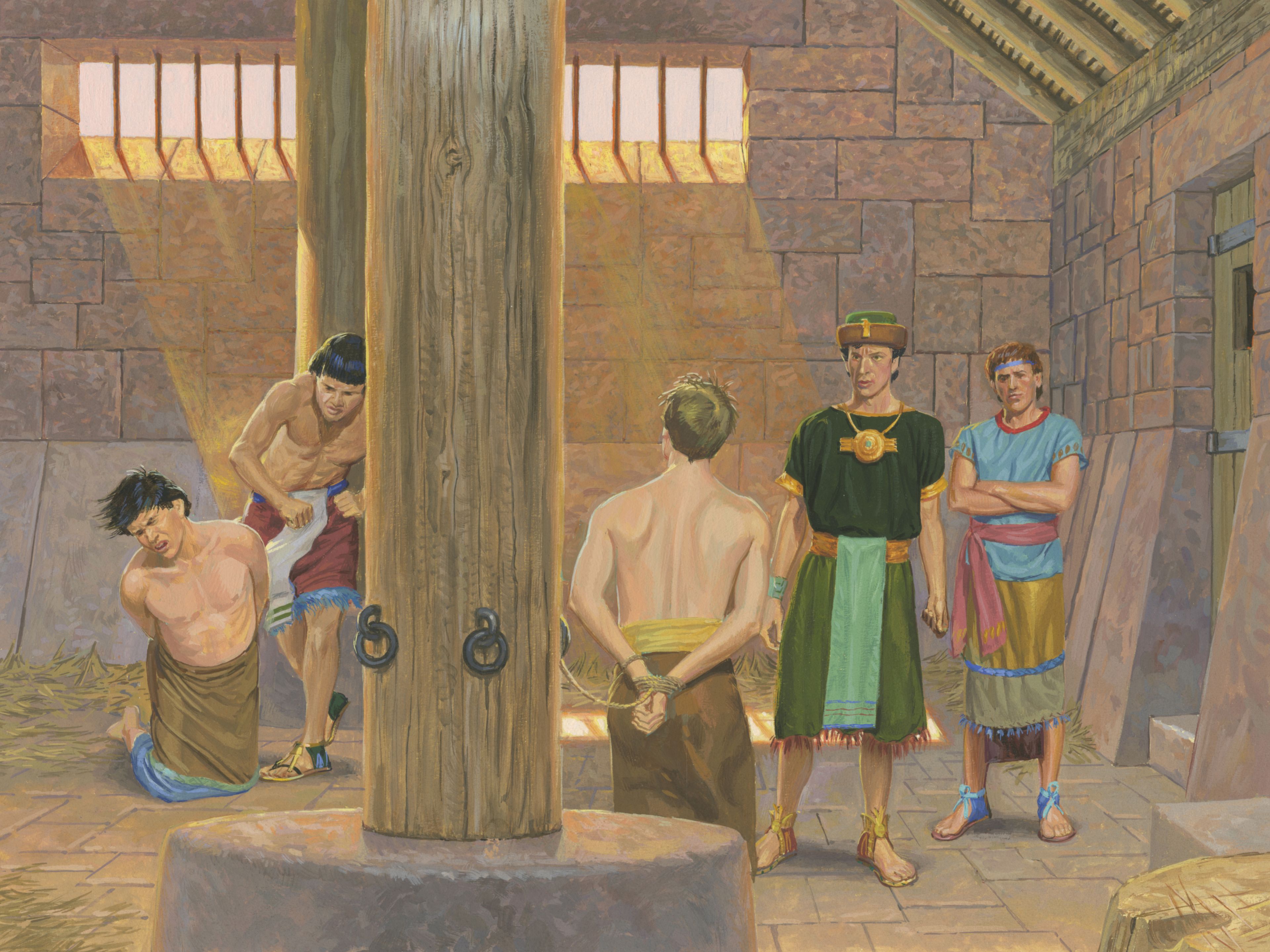 A painting by Jerry Thompson depicting Alma and Amulek in prison; Primary manual 4-28
