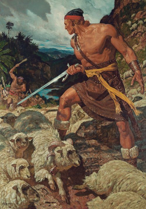 A painting by Arnold Friberg of Ammon standing and holding a sword to defend King Lamoni’s sheep from the oncoming Lamanites.