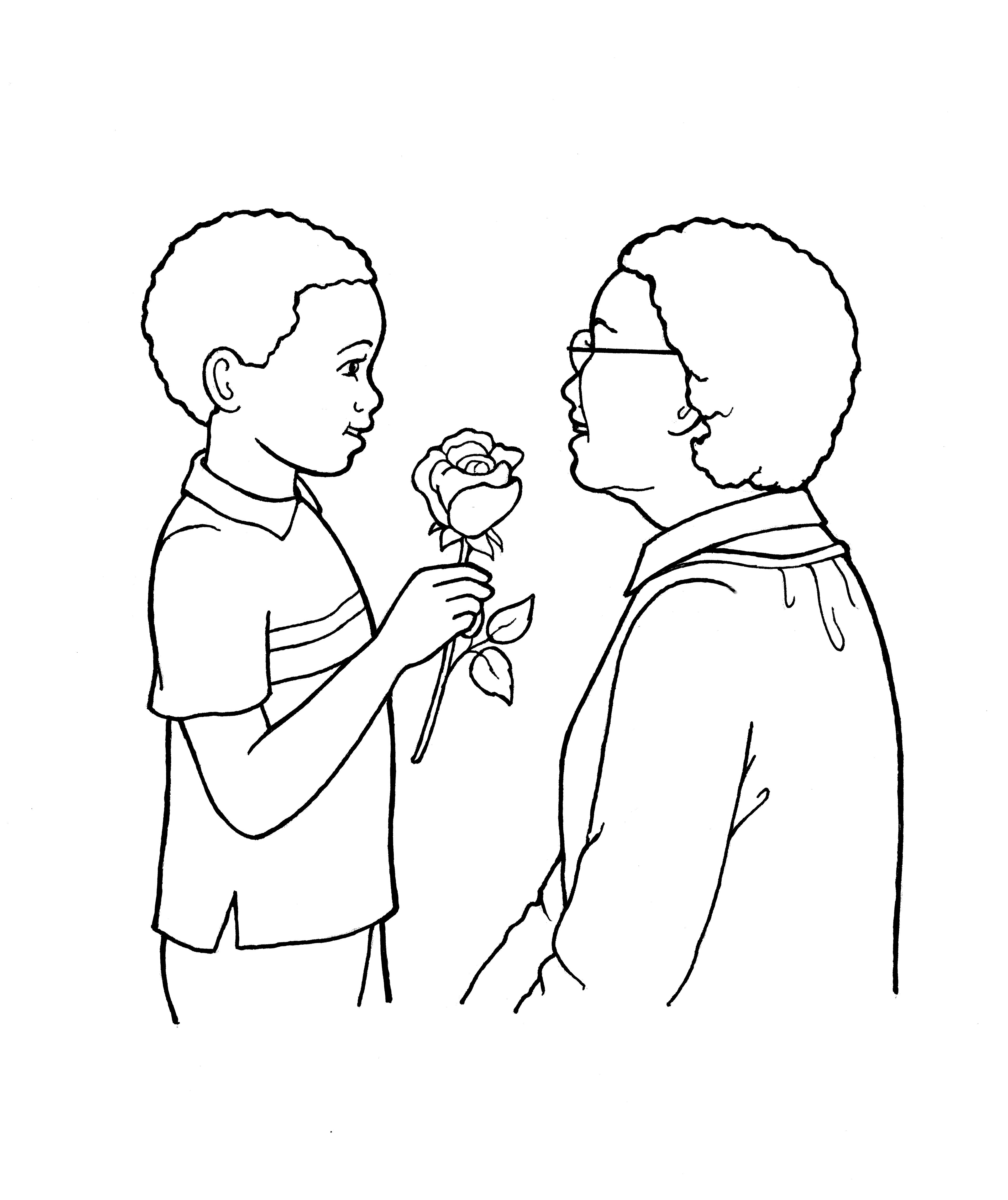An illustration of a boy giving a rose to an older woman.