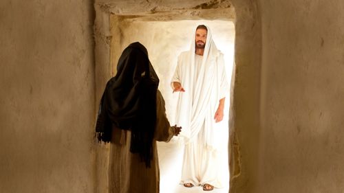 Mary Magdalene speaks with Christ after His Resurrection.