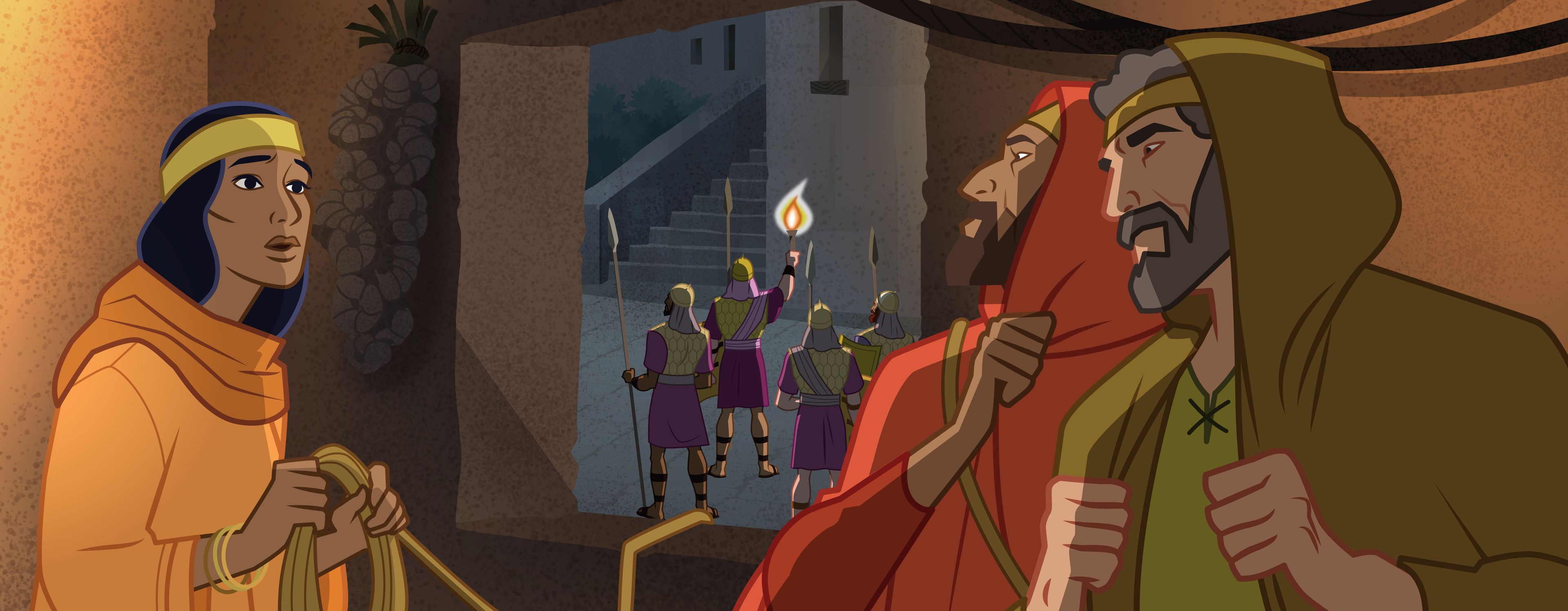 Illustration of Rahab hiding the spies. Joshua 2:3, 12–15