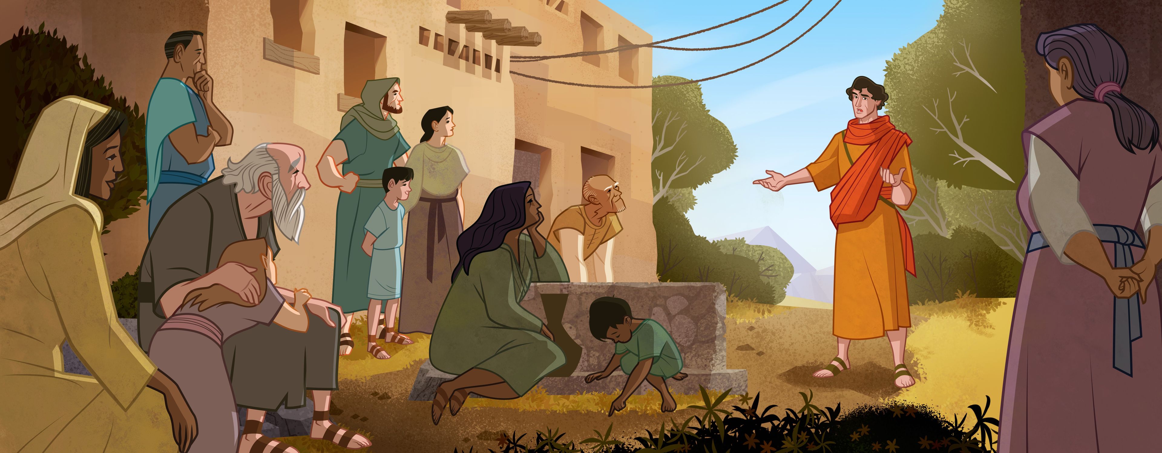 Illustration of Enoch teaching people. Moses 6:47–68