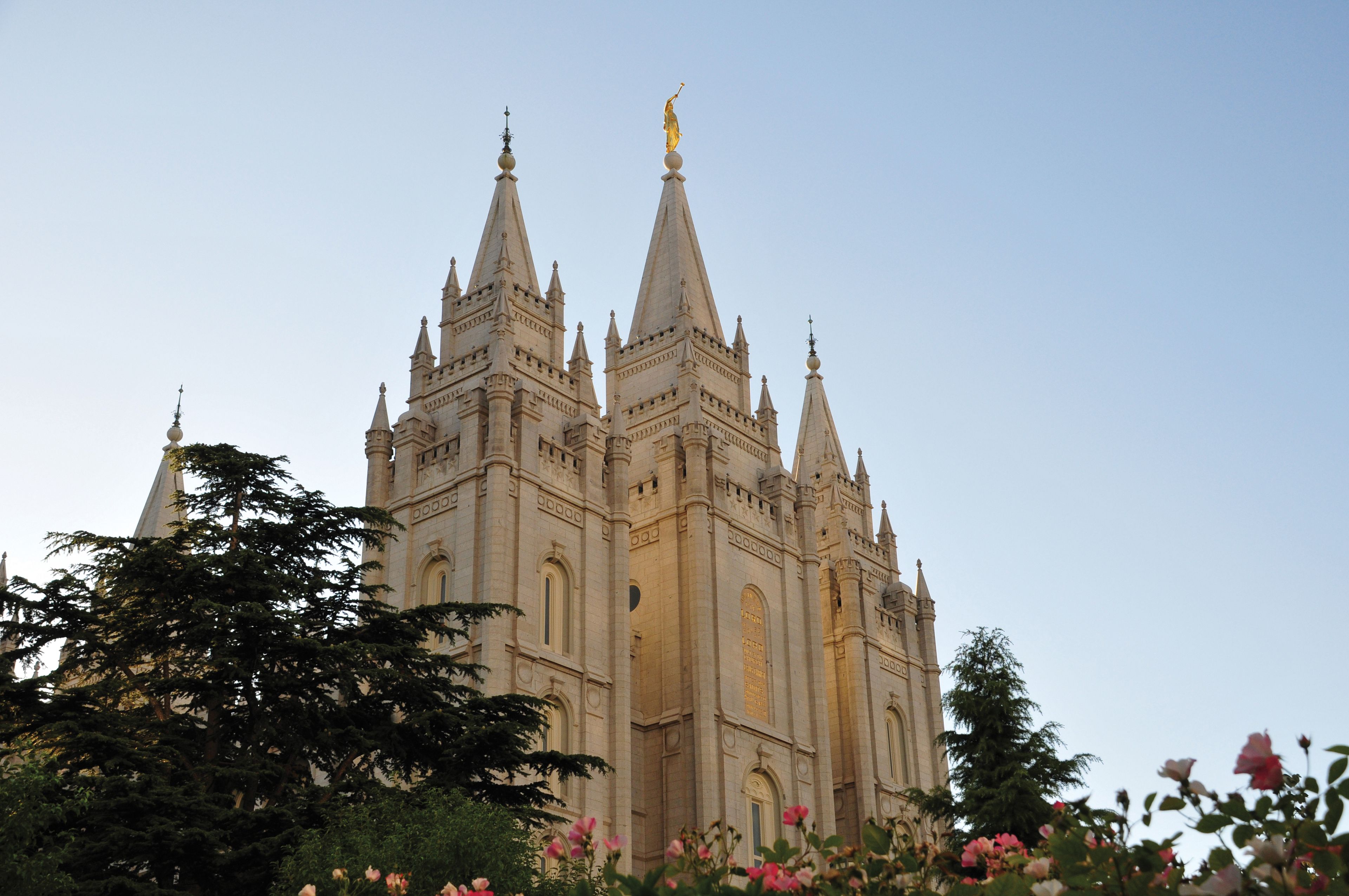 The Salt Lake Temple, including the spires and scenery.