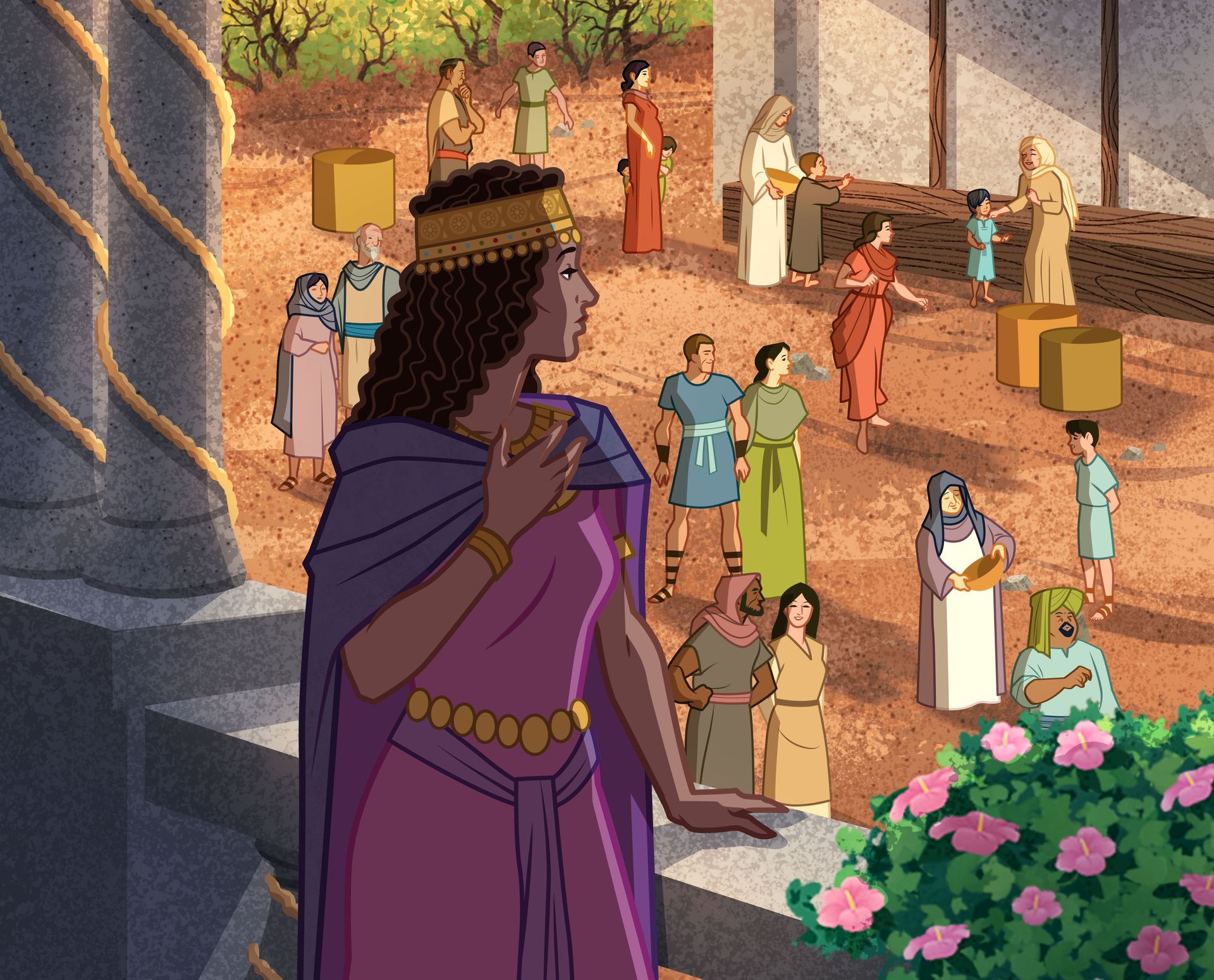 Ilustración de Ester mirando al pueblo. 
Ester 4:13–14