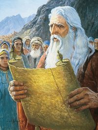 children of Israel gathered around Moses as he reads from a scroll