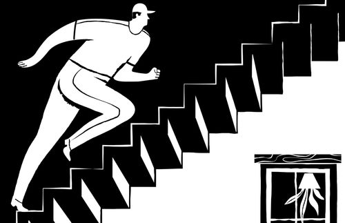 man ascending stairs