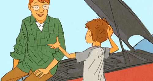 Boy and dad laughing in front of an open car hood