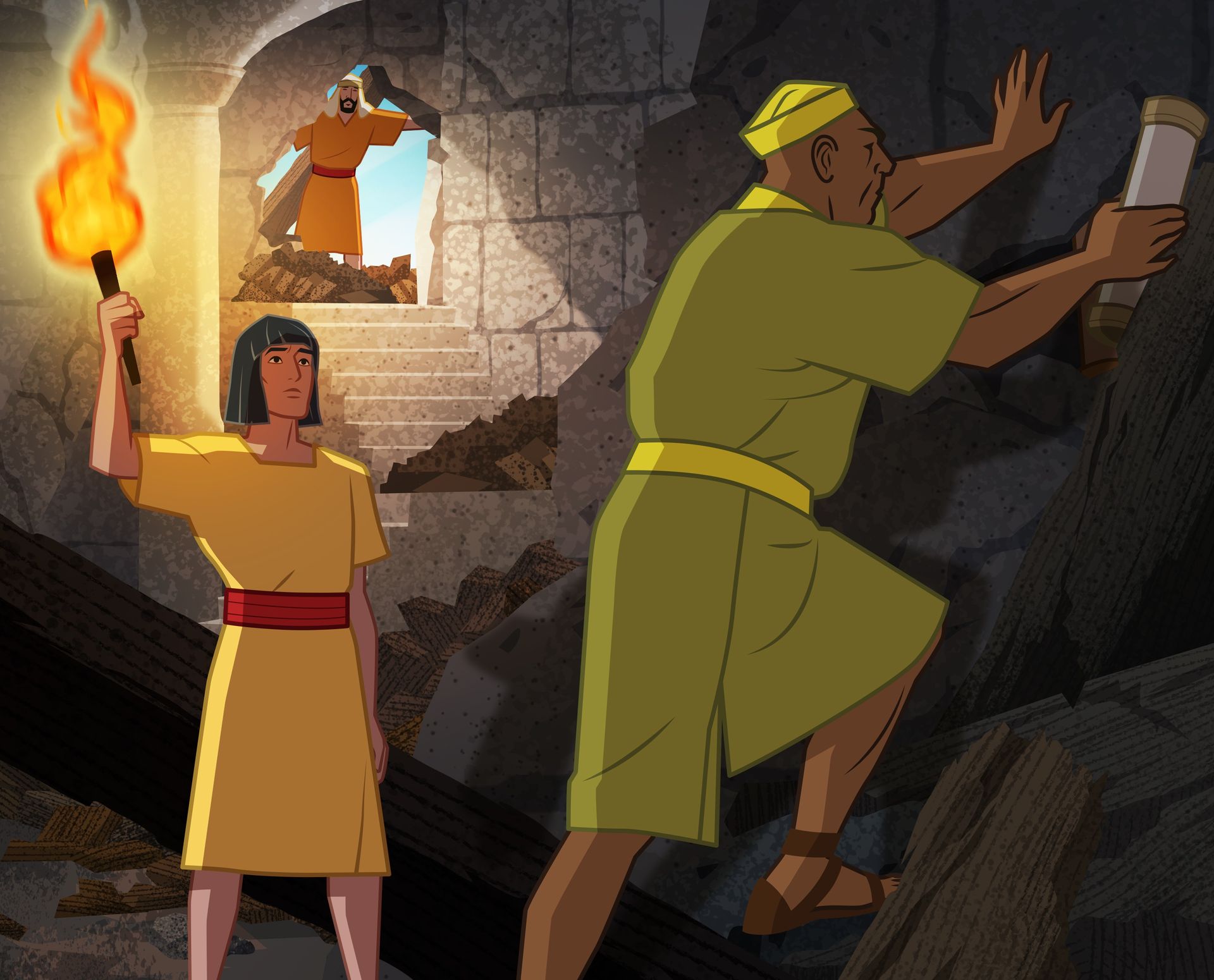 Gravura de Hilquias encontrando o livro da lei nas ruínas do templo. 
2 Reis 22:3–9