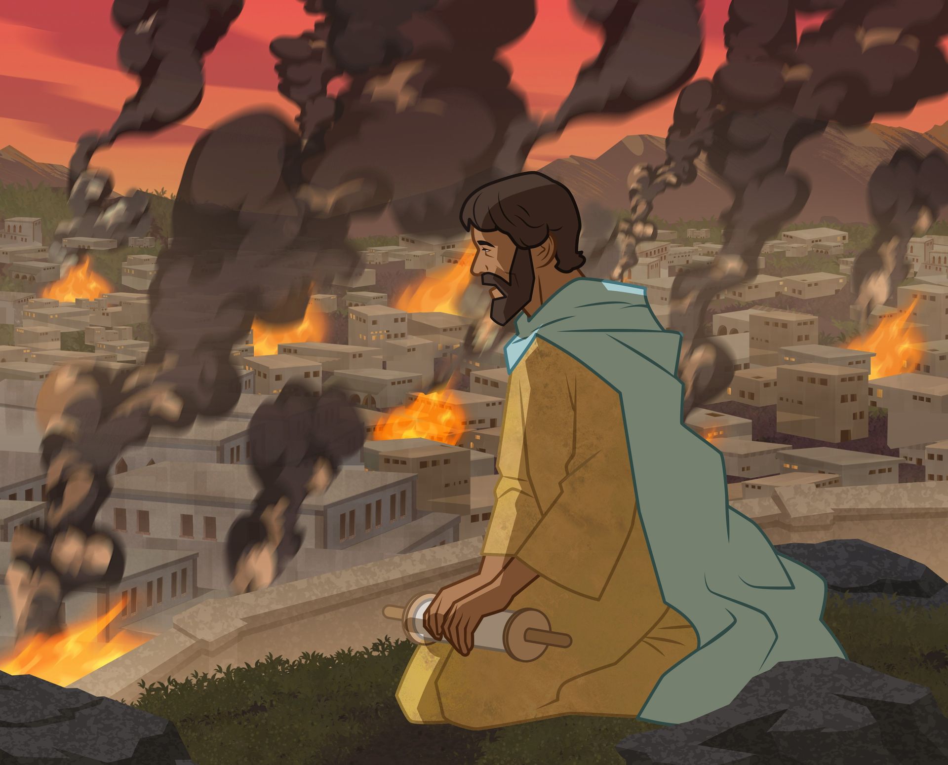 Ilustración en la que Jeremías observa la destrucción de Jerusalén. 
Jeremías 9:1–8; 25:9–12; 52:1–10