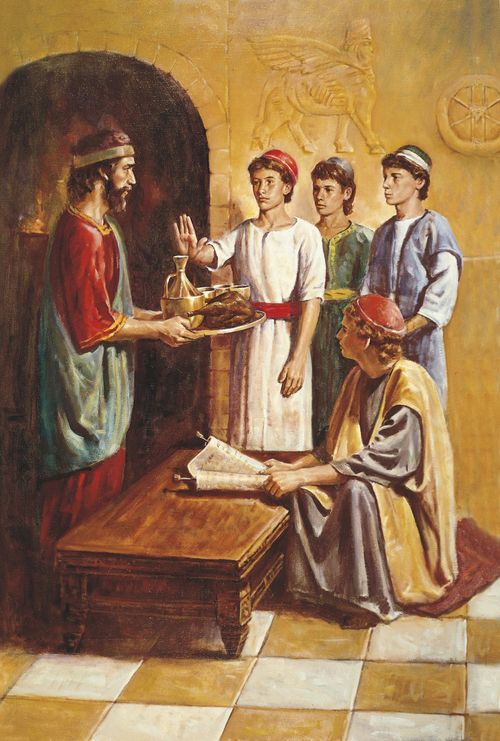 The Old Testament prophet Daniel refusing to eat of the meat and wine offered by the servant of King Nebuchadnezzar. Daniel is depicted with his arm and hand extended toward the food in a gesture of refusal. Shadrach, Meshach and Abednego are also present with Daniel as the food is refused.