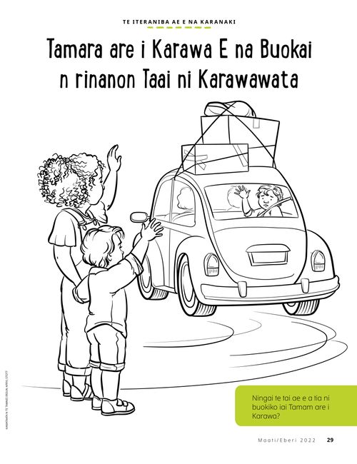 coloring page of boy waving while friend drives away