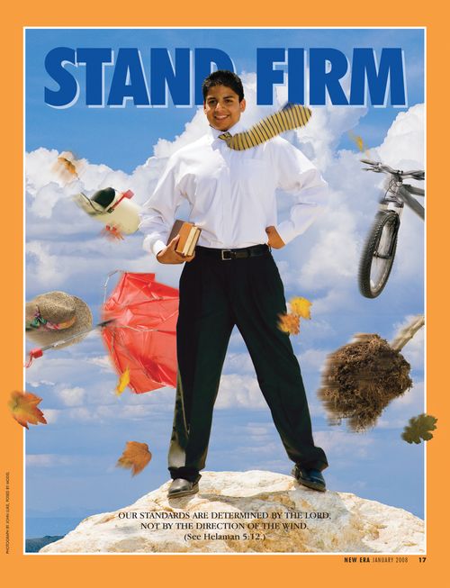 A conceptual photo of objects flying around a young man standing on a rock, paired with the words “Stand Firm.”