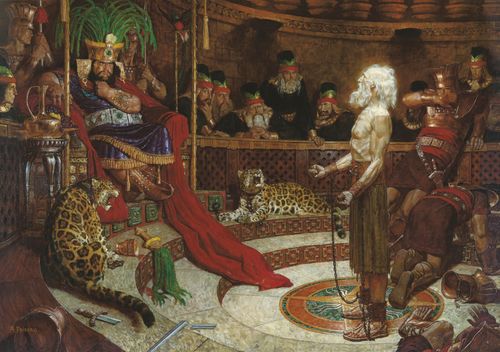 A painting by Arnold Friberg depicting Abinadi’s wrists bound in chains while he is standing and preaching to King Noah and his wicked priests.