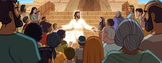 Jesus Christ sits on the temple steps, and the people come to Him and touch the nail marks in His palms