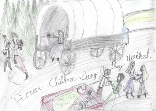 drawing of covered wagon and pioneers