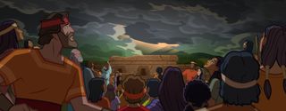 a large group of people gather around the temple, and they look up at the sky as dark clouds begin to show light