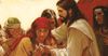Målning av en kvinna som granskar Jesu hand bland åskådare.