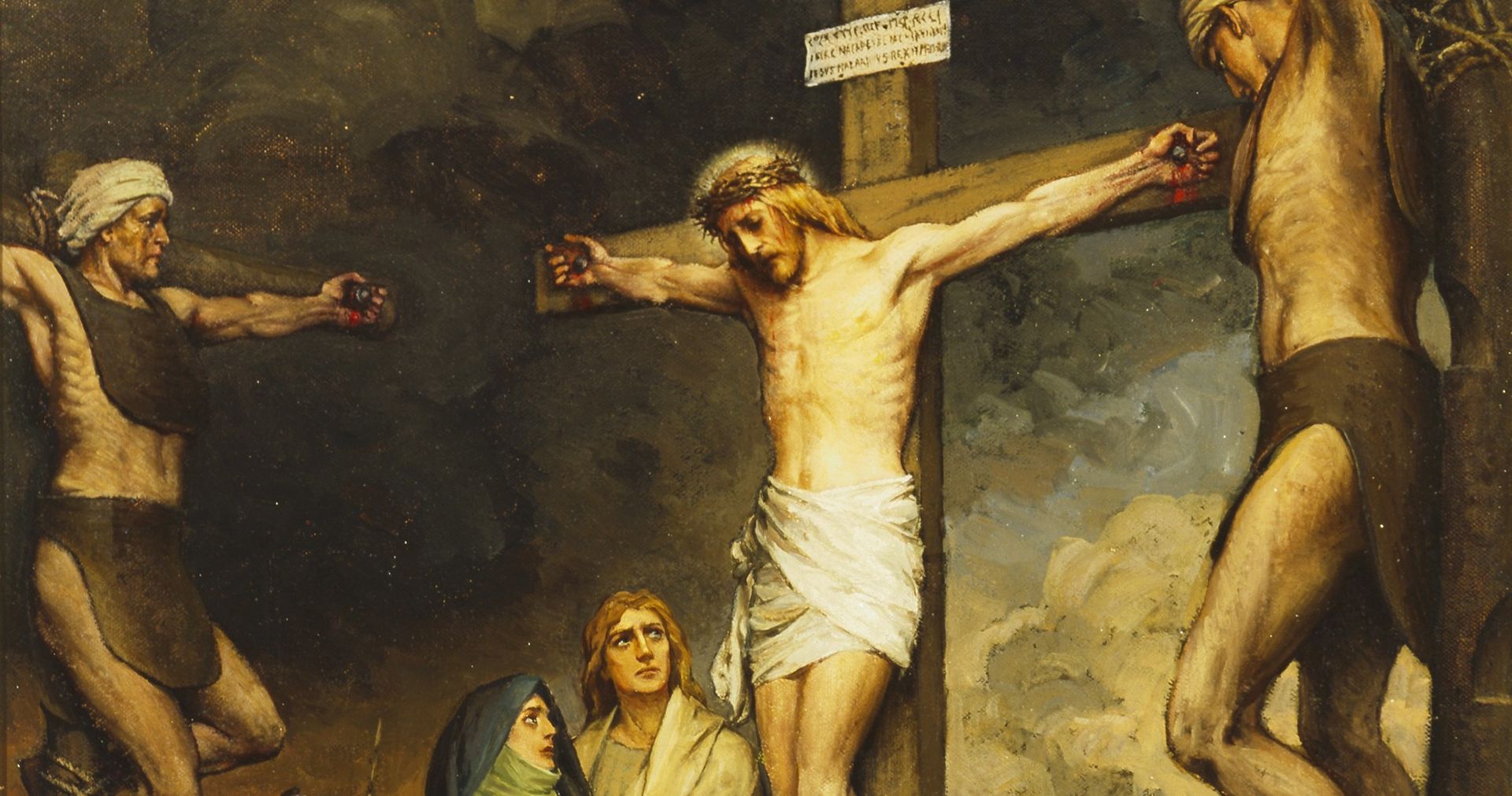 Jesus Christ and the two thieves depicted during the Crucifixion. The Apostle John is standing below the cross of Christ. Mary, the mother of Christ is standing beside John. Two other women are kneeling at the base of the cross. There are Roman soldiers and Jews standing in the background.