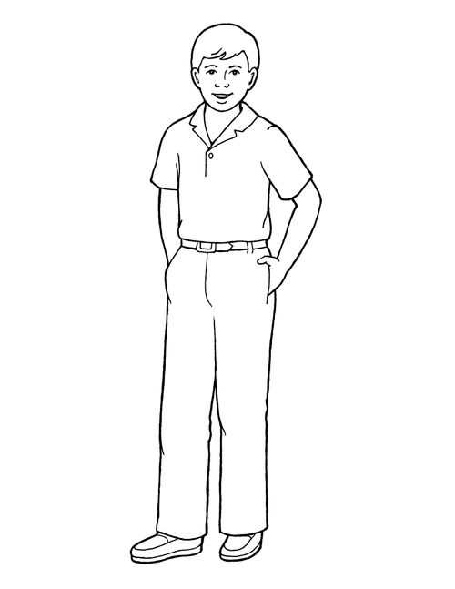 A black-and-white illustration of a young boy in a V-neck polo and a pair of slacks standing with his hands in his pockets.