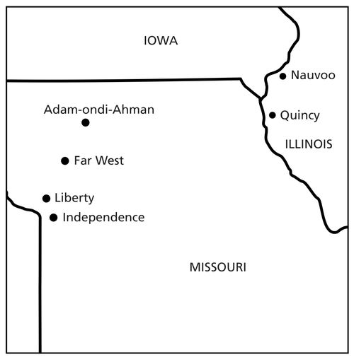 en karta över kyrkans historiska platser i Missouri och Illinois