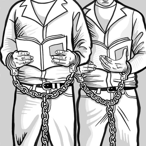 two men in chains reading books