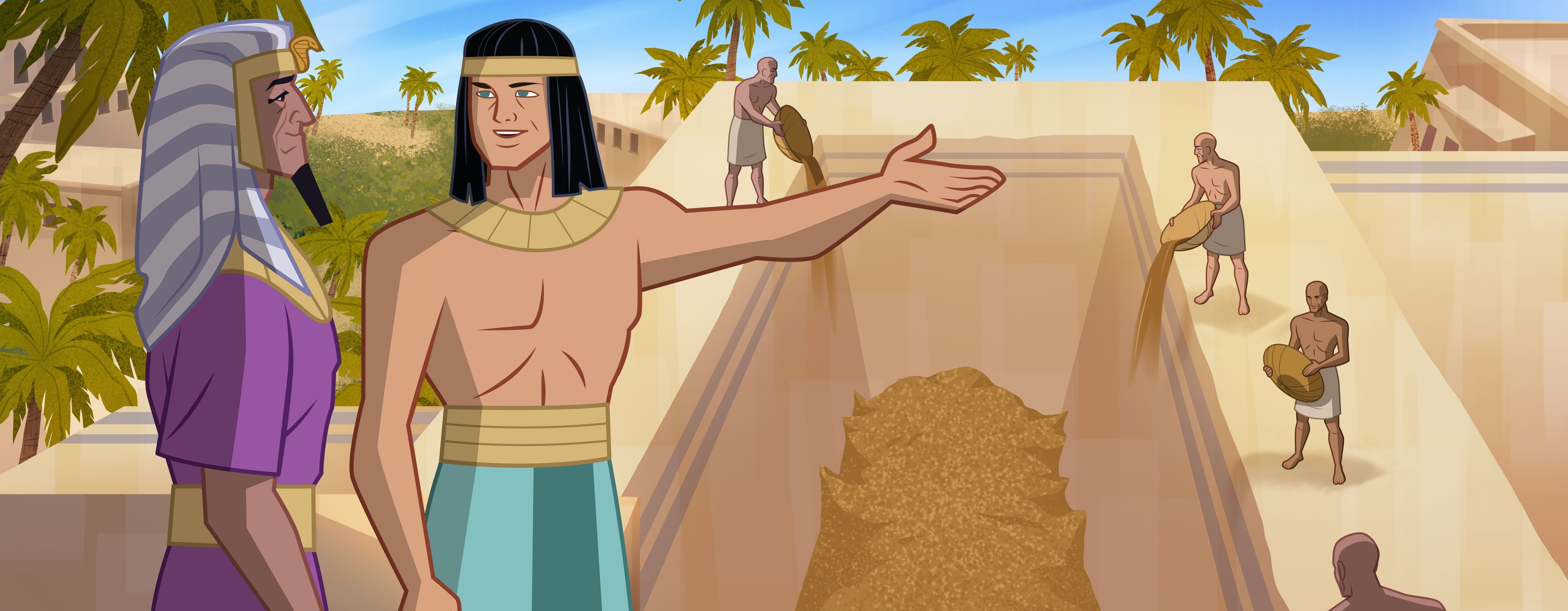 Illustration of Joseph showing Pharaoh food storage. Genesis 41:37–53
