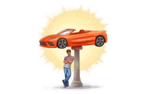 young man leaning against a pedestal on which a car sits