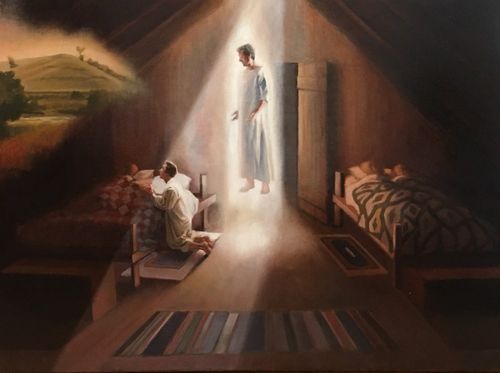 Painting of Moroni appearing to Joseph Smith kneeling by his bed.