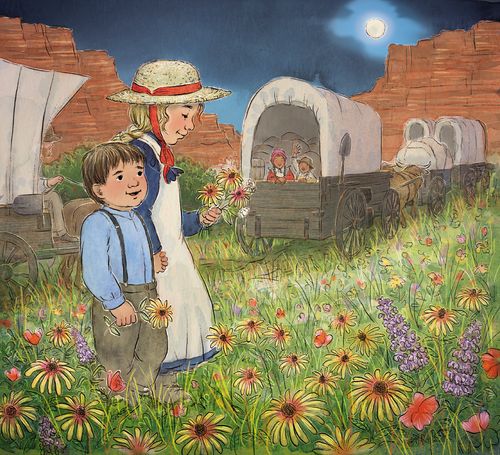 a pioneer boy and girl walking through a field of flowers next to covered wagons