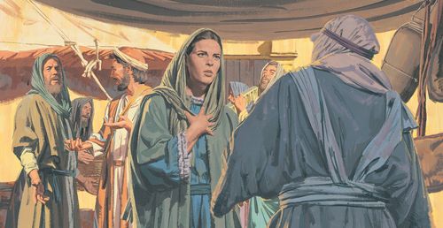 Joseph and Mary talking to people