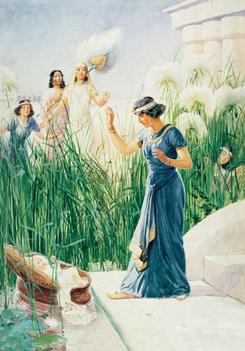 A painting by George Soper showing the daughter of Pharaoh and several other women encountering the baby Moses among the bulrushes.
