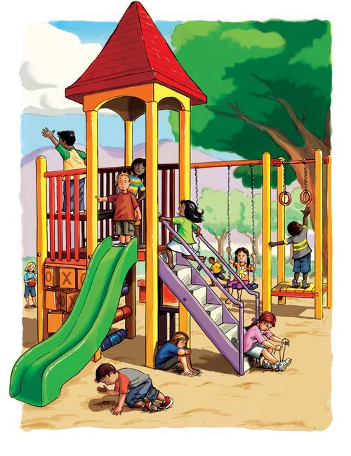 An illustration of a group of eight children running and playing at a playground with a tree in the background.
