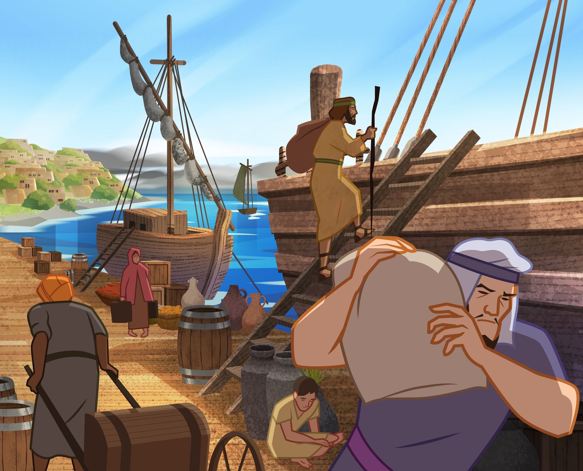 Ilustración de Jonás subiendo a un barco. 
Jonás 1:3