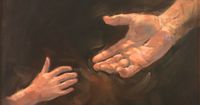 The Savior's hand is reaching out to a child's hand. The crucifixion wounds are shown in the Savior's hand. This is all painted on a warm dark background