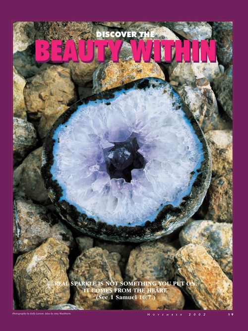 A poster of a geode broken open to show the crystals inside, paired with the words “Discover the Beauty Within.”