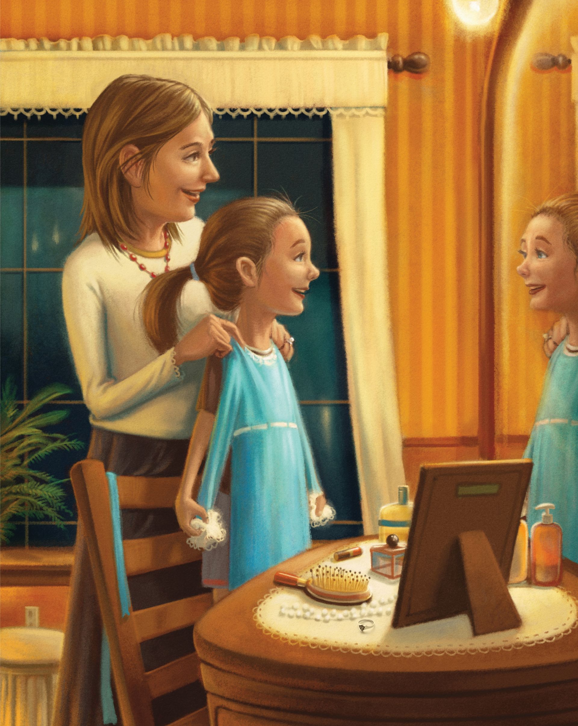 A mother holds up a new blue dress in front of her daughter while they stand in front of a mirror.