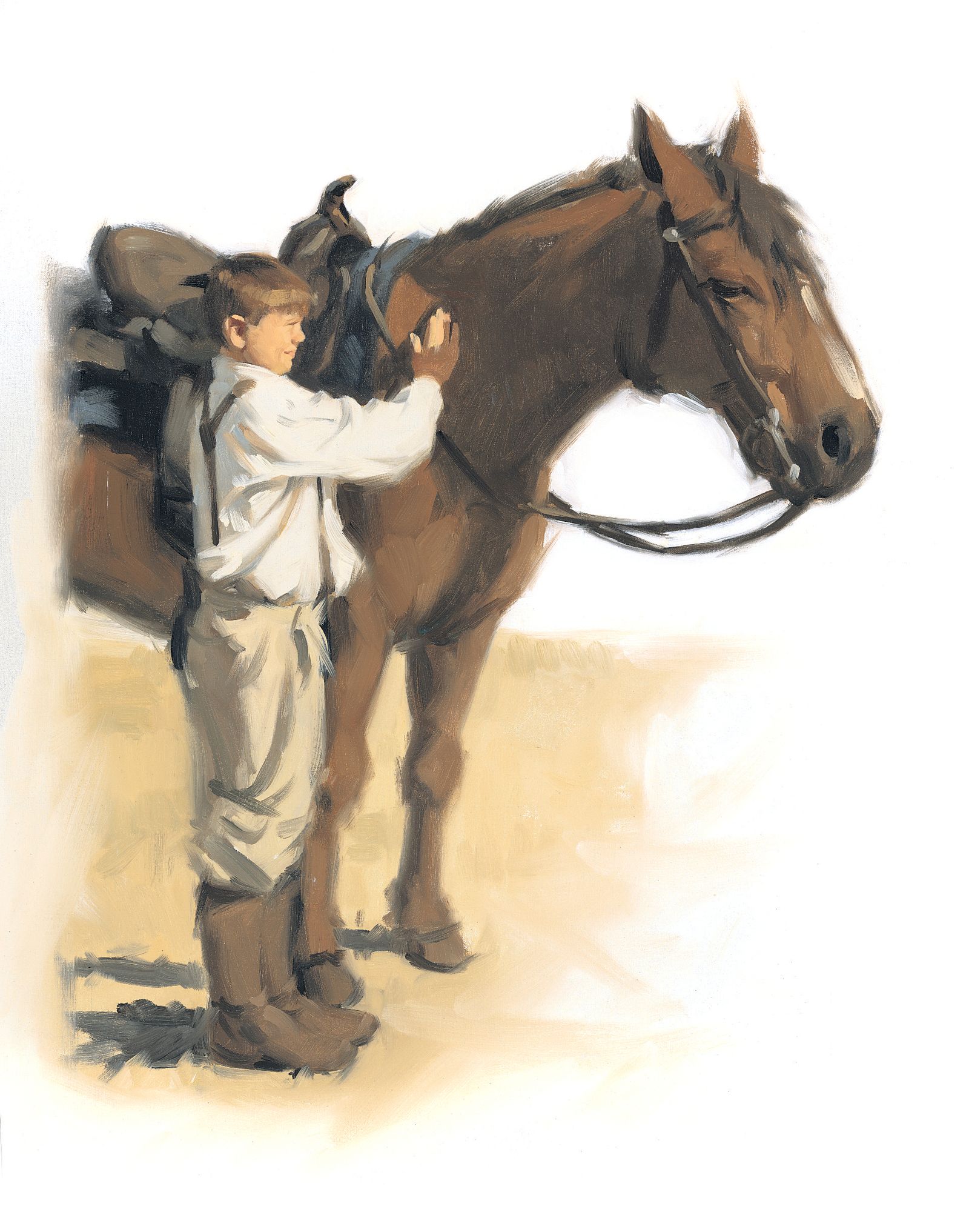 A young boy brushes his horse.